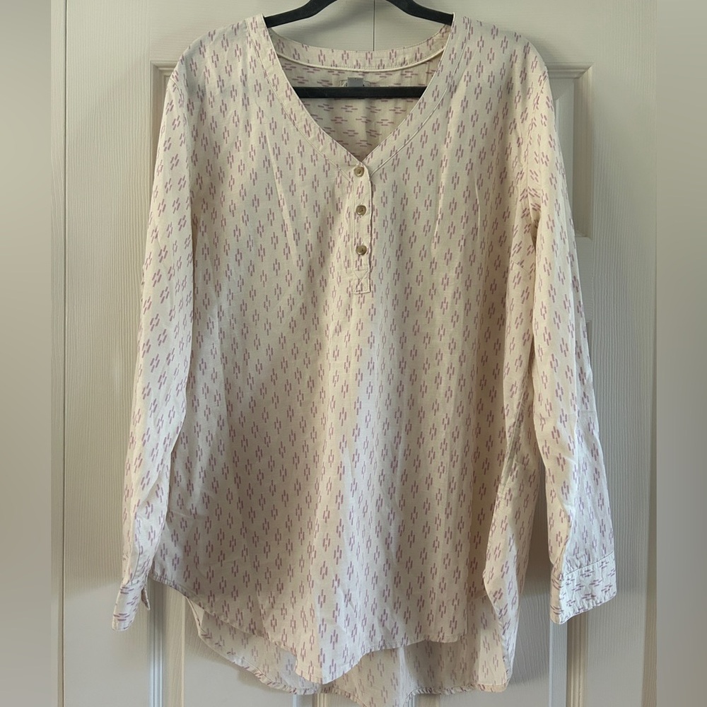 LL Bean Shirt Women’s Size XL Cream Purple Print Roll Tab Sleeve Long Sleeve